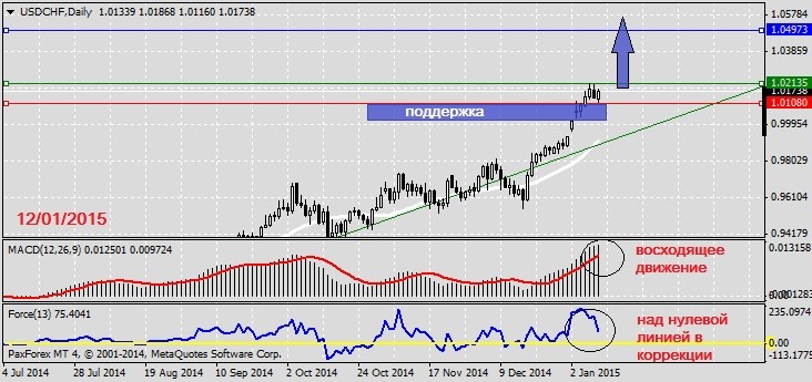 Доллар отдышался после броска и готов продолжить бег. Анализ по USDCHF на 12.01.20151